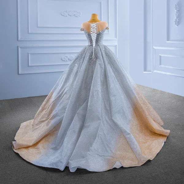 High-end Silver Gradient-Color Wedding Dresses 2022 Ball Gown Scoop Neck Handmade  Beading Rhinestone Sequins Short Sleeve Chapel Train Wedding
