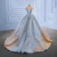 High-end Silver Gradient-Color Wedding Dresses 2022 Ball Gown Scoop Neck Handmade  Beading Rhinestone Sequins Short Sleeve Chapel Train Wedding