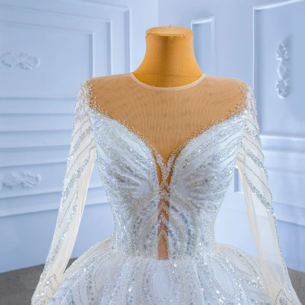 High-end Luxury / Gorgeous White Handmade  Beading Rhinestone Sequins Wedding Dresses 2022 Ball Gown Scoop Neck Long Sleeve Chapel Train Wedding