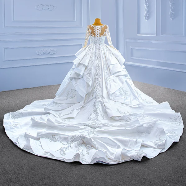 Luxury / Gorgeous High-end Handmade  Beading Pearl Sequins White Wedding Dresses 2022 Ball Gown Cascading Ruffles Scoop Neck Long Sleeve Royal Train Wedding