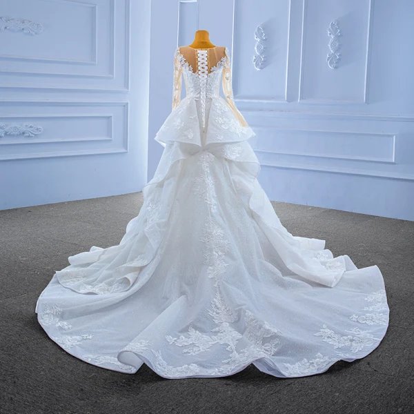 High End Weiß Perlenstickerei Spitze Blumen Fallende Rüsche Brautkleider / Hochzeitskleider 2022 Meerjungfrau Rundhalsausschnitt Lange Ärmel Hof-Schleppe Hochzeit