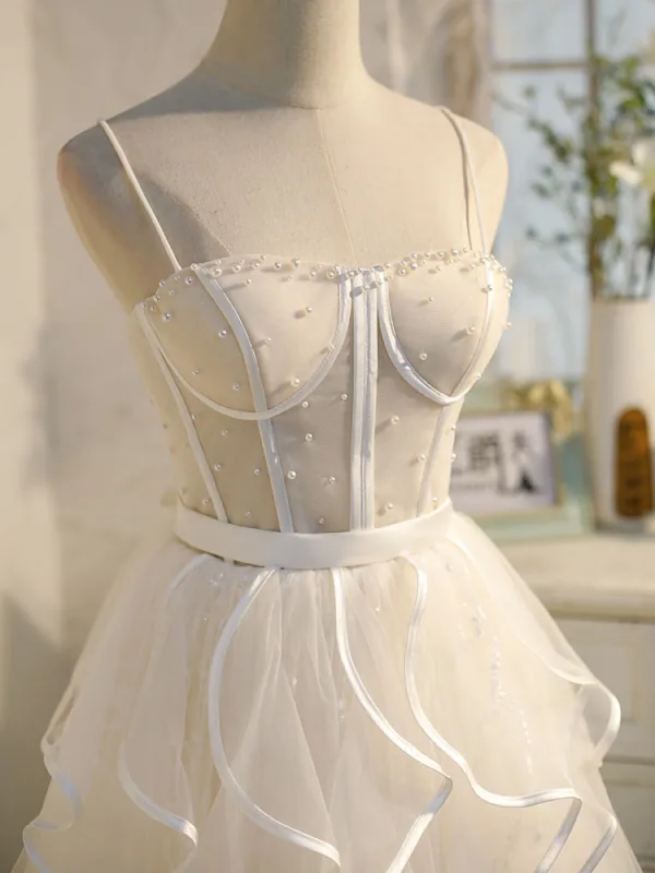 Sexy Champagne Pearl Cascading Ruffles Birthday Party Dresses 2022 A-Line / Princess Spaghetti Straps Sleeveless Backless Floor-Length / Long Formal Dresses