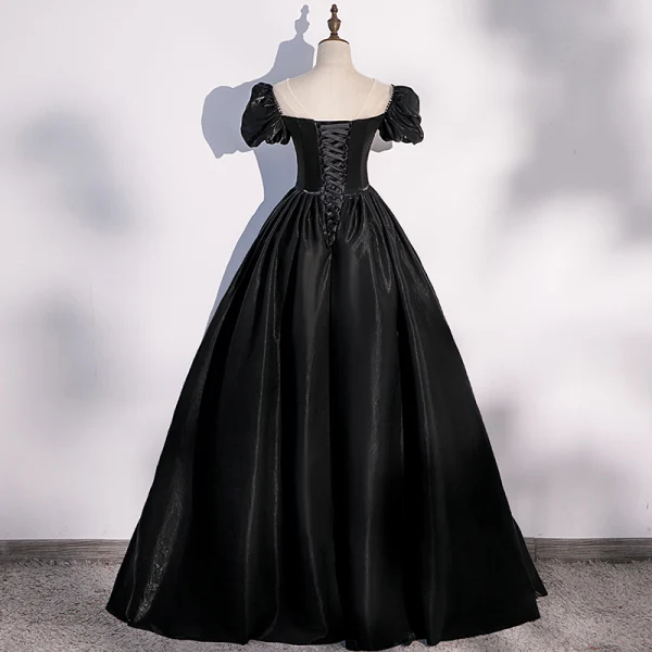 Vintage / Retro Black Satin Prom Dresses 2022 Ball Gown Scoop Neck Puffy Short Sleeve Backless Floor-Length / Long Formal Dresses