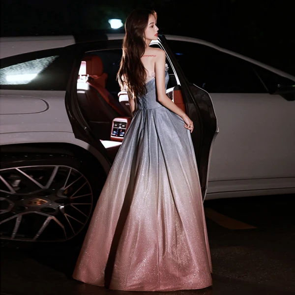 Charming Silver Gradient-Color Glitter Prom Dresses 2022 A-Line / Princess Strapless Sleeveless Backless Floor-Length / Long Formal Dresses