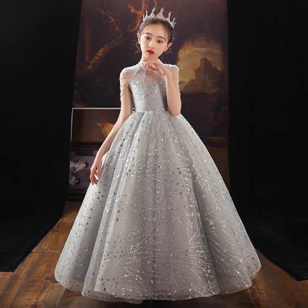 Chic / Beautiful Grey Birthday Flower Girl Dresses 2022 Ball Gown High Neck Beading Rhinestone Sequins Sleeveless Floor-Length / Long Flower Girl Dresses