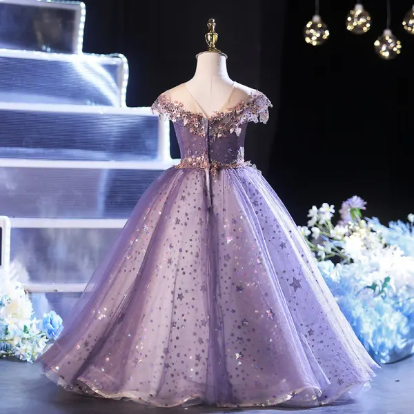 Schöne Traube Perlenstickerei Star Pailletten Geburtstag Blumenmädchenkleider 2022 Ballkleid Rundhalsausschnitt Kurze Ärmel Rückenfreies Lange Blumenmädchenkleider