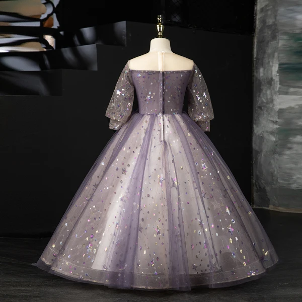 Chic / Beautiful Purple Beading Sequins Birthday Flower Girl Dresses 2022 Ball Gown Scoop Neck Long Sleeve Floor-Length / Long Flower Girl Dresses