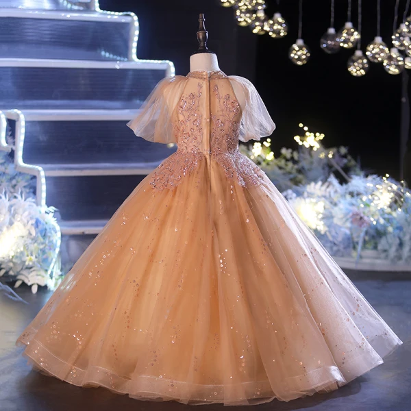 Chic / Beautiful Champagne Birthday Flower Girl Dresses 2022 Ball Gown High Neck Puffy Short Sleeve Beading Sequins Floor-Length / Long Flower Girl Dresses