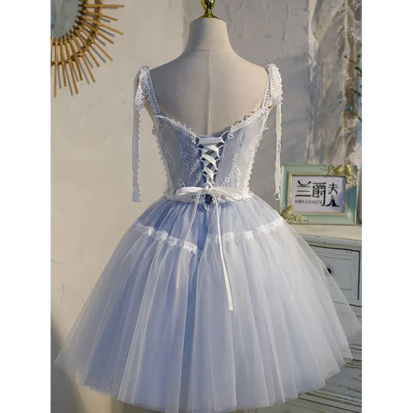 Sexy Bleu Ciel En Dentelle Fleur Anniversaire Robe De Fête 2022 Princesse Bretelles Spaghetti Sans Manches Dos Nu Noeud Longue Robe De Ceremonie