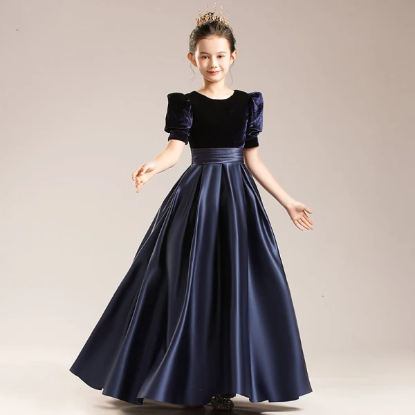 Elegant Black Suede Satin Birthday Flower Girl Dresses 2022 Ball Gown Scoop Neck Short Sleeve Sash Floor-Length / Long Flower Girl Dresses