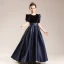 Elegant Black Suede Satin Birthday Flower Girl Dresses 2022 Ball Gown Scoop Neck Short Sleeve Sash Floor-Length / Long Flower Girl Dresses