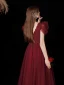 Charming Burgundy Prom Dresses 2022 A-Line / Princess V-Neck Puffy Short Sleeve Beading Sequins Backless Floor-Length / Long Formal Dresses