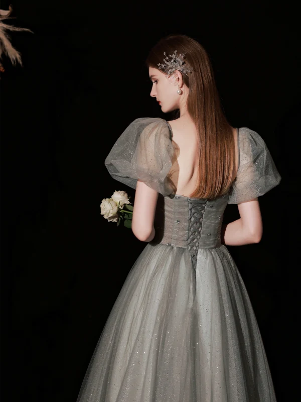 Chic / Beautiful Glitter Sage Green Prom Dresses 2022 A-Line / Princess Strapless Puffy Short Sleeve Backless Floor-Length / Long Prom Formal Dresses