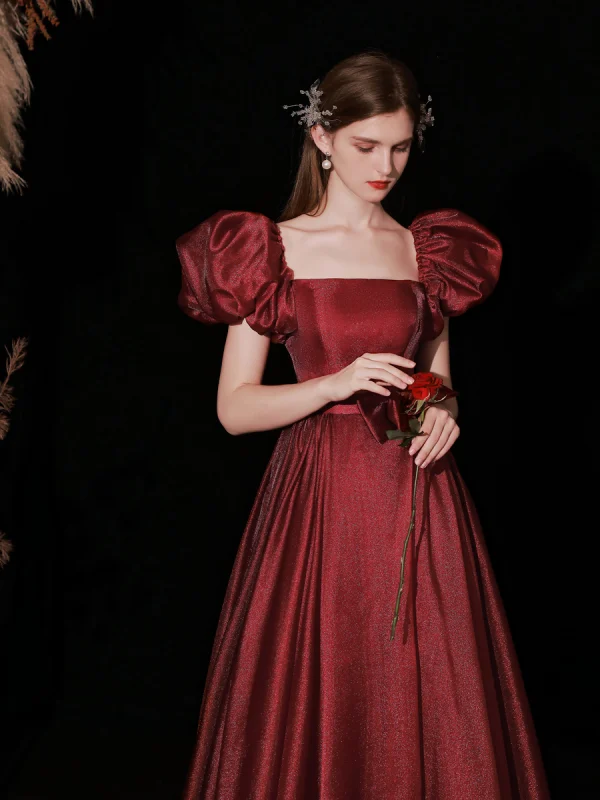 Elegant Burgundy Satin Prom Dresses 2022 A-Line / Princess Square Neckline Puffy Short Sleeve Bow Backless Floor-Length / Long Formal Dresses