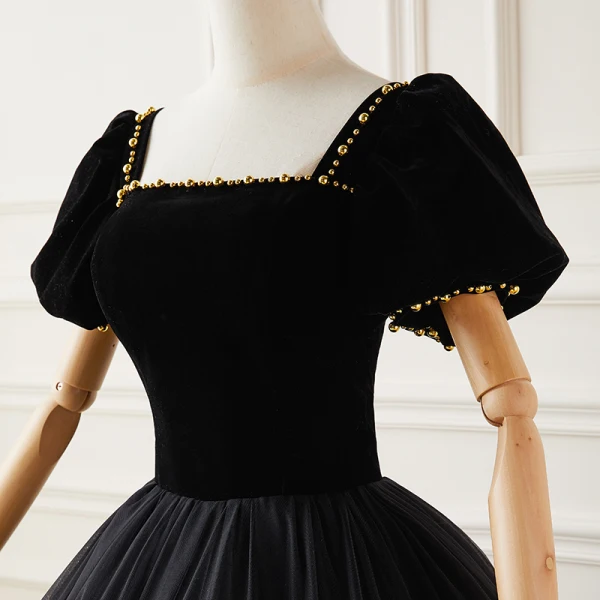 Elegant Black Suede Prom Dresses 2022 Ball Gown Square Neckline Puffy Short Sleeve Appliques Backless Floor-Length / Long Formal Dresses