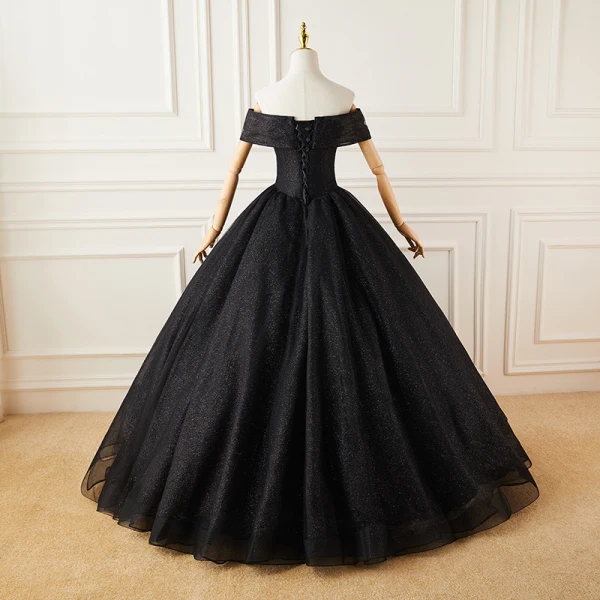 Élégant Noire Glitter Robe De Bal 2022 Robe Boule De l'épaule Faux Diamant Paillettes En Dentelle Fleur Manches Courtes Dos Nu Longue Robe De Bal