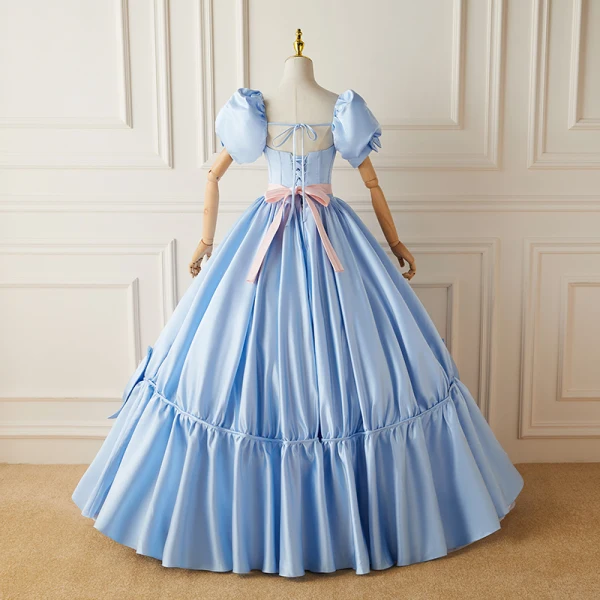 Lovely Sky Blue Satin Pleated Prom Dresses 2022 Ball Gown Strapless Puffy Short Sleeve Backless Bow Floor-Length / Long Formal Dresses