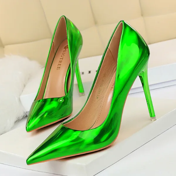 Unusual Black Metal Patent Leather Cocktail Party Pumps 2022 10 cm Stiletto Heels Pointed Toe Pumps High Heels