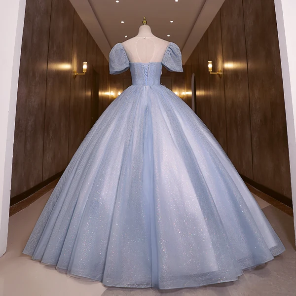 Elegant Sky Blue Lace Flower Prom Dresses 2022 Ball Gown Scoop Neck Beading Pearl Sequins Rhinestone Puffy Short Sleeve Backless Floor-Length / Long Formal Dresses