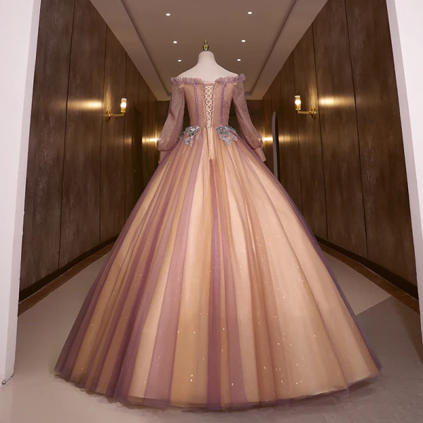 Elegant Purple Pearl Sequins Lace Flower Prom Dresses 2022 Ball Gown Off-The-Shoulder Long Sleeve Floor-Length / Long Formal Dresses