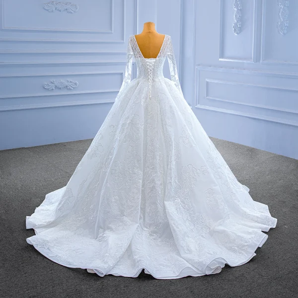 Haut de Gamme Blanche Perlage Paillettes Robe De Mariée 2022 Robe Boule V-Cou Manches Longues Dos Nu Longue Mariage