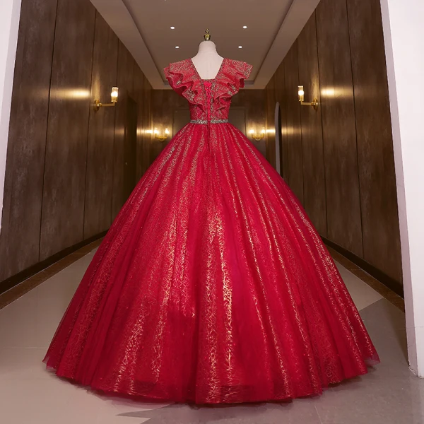 Chic / Beautiful Burgundy Glitter Sequins Prom Dresses Ball Gown 2022 V-Neck Rhinestone Short Sleeve Backless Floor-Length / Long Formal Dresses