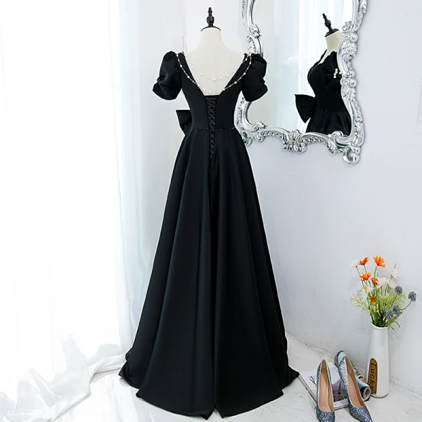 Elegant Black Prom Dresses 2022 A-Line / Princess Square Neckline Puffy Short Sleeve Bow Backless Floor-Length / Long Formal Dresses