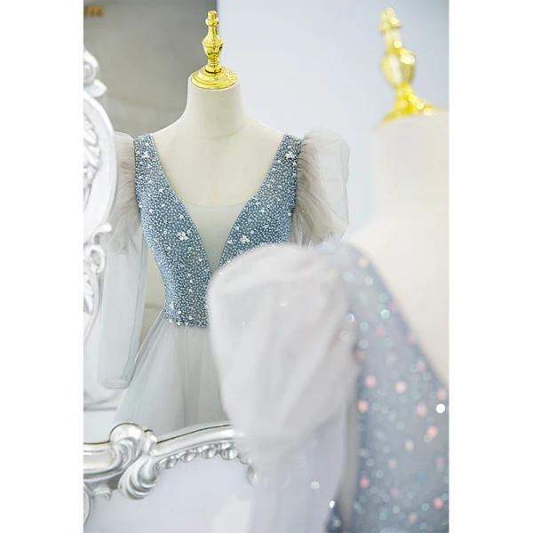 Chic / Beautiful Sky Blue Prom Dresses 2022 A-Line / Princess V-Neck Puffy Short Sleeve Backless Beading Rhinestone Sequins Floor-Length / Long Formal Dresses