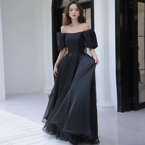 Modest / Simple Black Prom Dresses 2022 A-Line / Princess Off-The-Shoulder Short Sleeve Backless Floor-Length / Long Formal Dresses