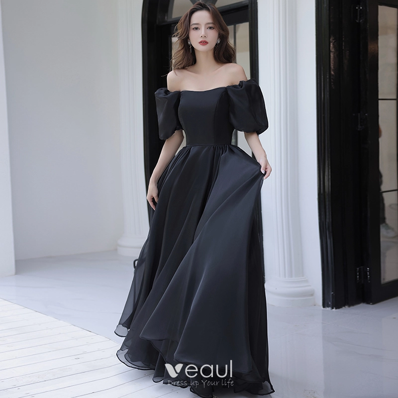 blue birthday dress for woman Black Satin Floor Length Prom Dress, Simple Black Short Sleeve Evening