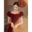 Elegant Burgundy Suede Prom Dresses 2022 A-Line / Princess Square Neckline Puffy Short Sleeve Backless Pearl Sequins Floor-Length / Long Formal Dresses