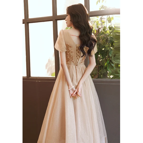 Chic / Belle Champagne Perlage Paillettes Robe De Bal 2022 Princesse Encolure Carrée Manches Courtes Dos Nu Longue Robe De Ceremonie