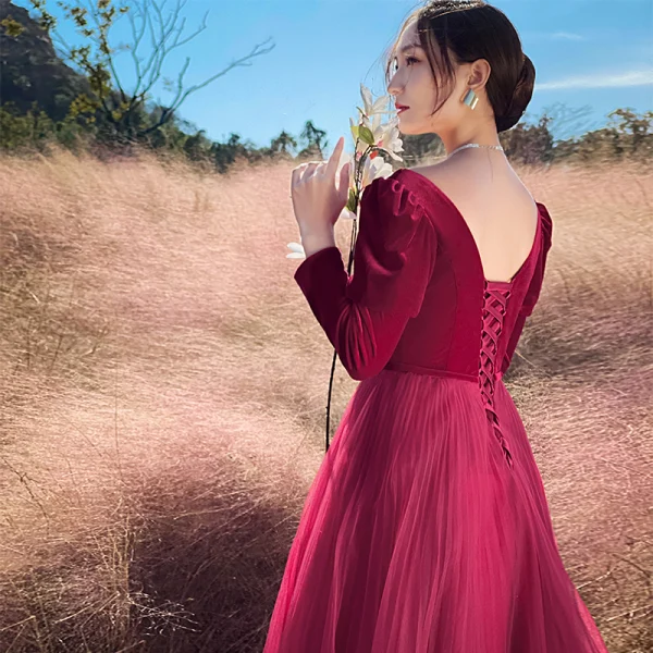 Chic / Beautiful Burgundy Winter Velour Prom Dresses 2022 A-Line / Princess Square Neckline Long Sleeve Backless Floor-Length / Long Prom Formal Dresses