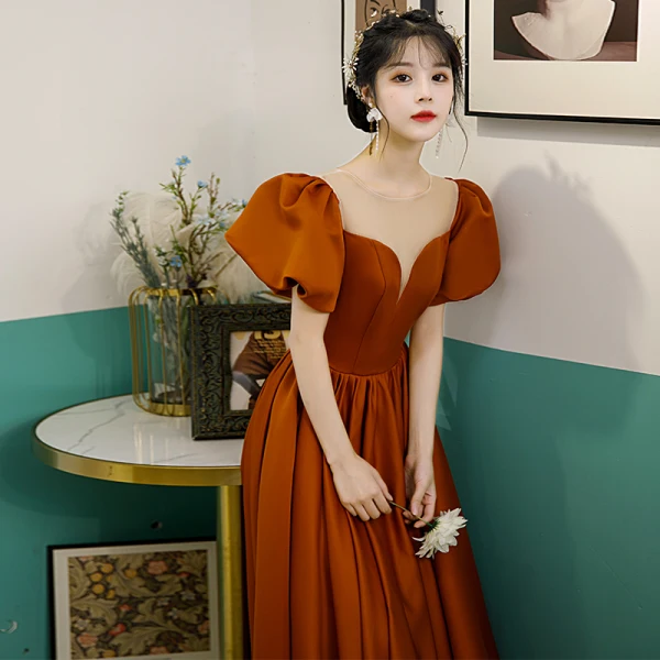 Elegant Orange Satin Prom Dresses 2022 A-Line / Princess Scoop Neck Puffy Short Sleeve Floor-Length / Long Formal Dresses