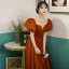 Elegant Orange Satin Prom Dresses 2022 A-Line / Princess Scoop Neck Puffy Short Sleeve Floor-Length / Long Formal Dresses
