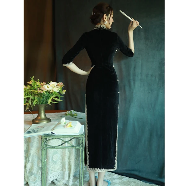 Vintage / Retro Chinese style Black Evening Party Cheongsam 2022 Trumpet / Mermaid High Neck 1/2 Sleeves Lace Flower Split Front Tea-length Cheongsam / Qipao