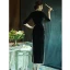 Vintage / Retro Chinese style Black Evening Party Cheongsam 2022 Trumpet / Mermaid High Neck 1/2 Sleeves Lace Flower Split Front Tea-length Cheongsam / Qipao