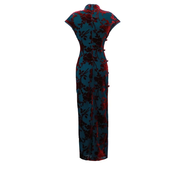 Vintage / Retro Ink Blue Velour Suede Cheongsam 2022 Trumpet / Mermaid High Neck Sleeveless Split Front Tea-length Evening Party Cheongsam / Qipao