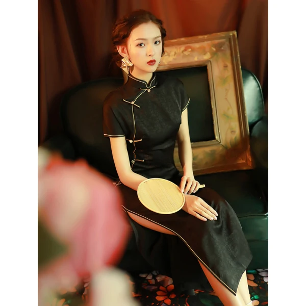Vintage / Retro Dark Green Evening Party Cheongsam 2022 Trumpet / Mermaid High Neck Short Sleeve Split Front Tea-length Cheongsam / Qipao