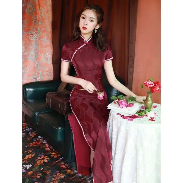 Vintage / Retro Cheongsam 2022 Trumpet / Mermaid High Neck Short Sleeve Split Front Tea-length Evening Party Cheongsam / Qipao Dark Green
