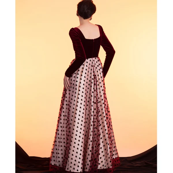 Elegant Suede Velour Black Heart-shaped Burgundy Winter Prom Dresses 2022 A-Line / Princess Square Neckline Long Sleeve Backless Floor-Length / Long Formal Dresses