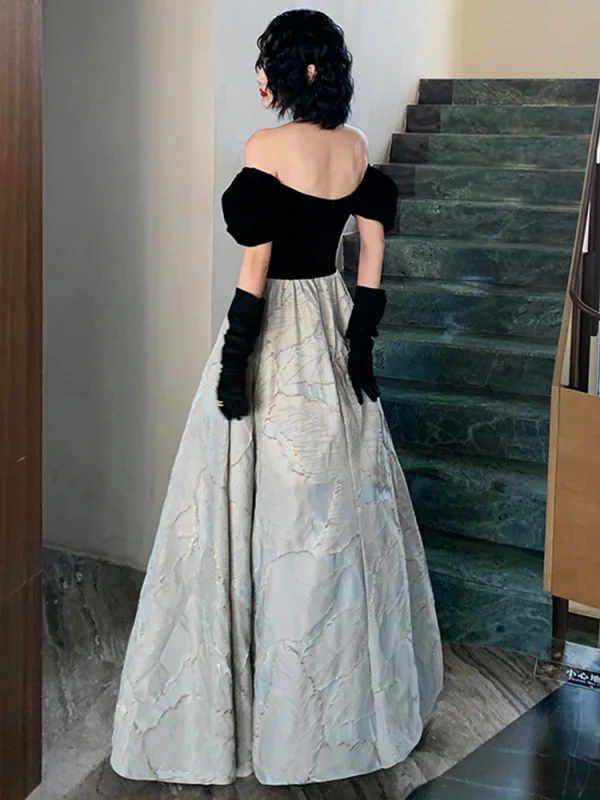 Fashion Black Prom Dresses 2022 A-Line / Princess Off-The-Shoulder Puffy Short Sleeve Backless Embroidered Floor-Length / Long Formal Dresses