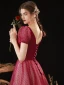 Elegant Burgundy Spotted Prom Dresses 2022 A-Line / Princess Square Neckline Puffy Short Sleeve Bow Backless Floor-Length / Long Formal Dresses