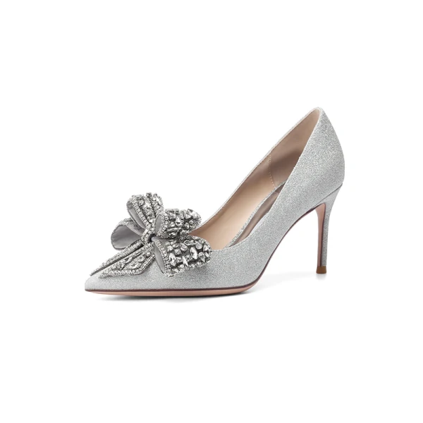 Charmig Silver Rhinestone Rosett Paljetter Brudskor 2022 Läder 10 cm Stilettklackar Spetsiga Bröllop Pumps Högklackade