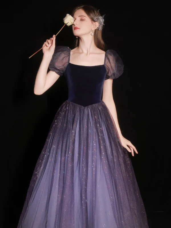 Charmant Violet Glitter Paillettes Robe De Bal 2022 Princesse De l'épaule Manches Courtes Noeud Dos Nu Longue Robe De Ceremonie
