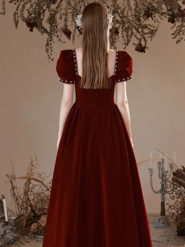 Elegant Burgundy Pearl Suede Prom Dresses 2022 A-Line / Princess Square Neckline Short Sleeve Backless Floor-Length / Long Formal Dresses