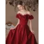 Elegant Burgundy Satin Prom Dresses 2022 A-Line / Princess Off-The-Shoulder Bow Short Sleeve Backless Floor-Length / Long Formal Dresses