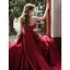 Chic / Beautiful Burgundy Prom Dresses 2022 A-Line / Princess Strapless Bow Sleeveless Backless Sweep Train Satin Prom Formal Dresses