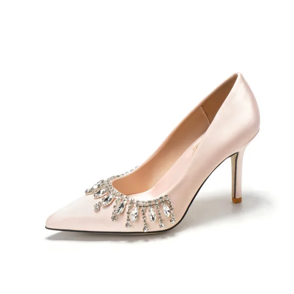 Charming Ivory Satin Rhinestone Wedding Shoes 2022 9 cm Stiletto Heels Pointed Toe Wedding Pumps High Heels