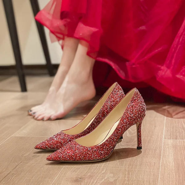 Chic / Beautiful Burgundy Sequins Wedding Shoes 2022 Leather 8 cm Stiletto Heels Pointed Toe Wedding Pumps High Heels